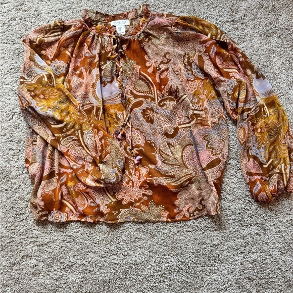 Rachel Zoe Paisley Blouse boho Long Sleeve Blouse Ruffle Neck tassle size medium - Picture 2 of 9